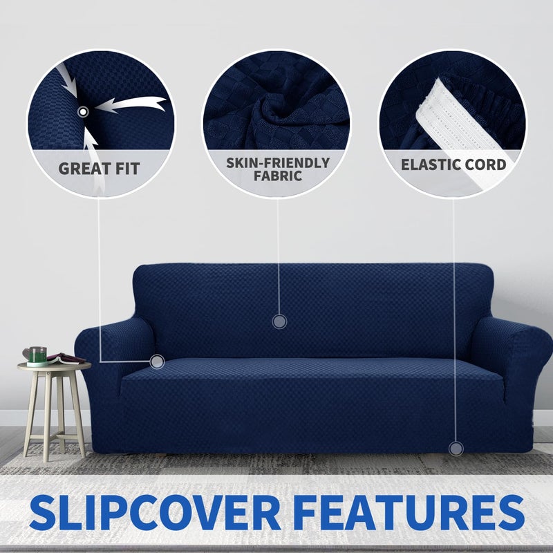 ZNSAYOTX 1 Piece Jacquard Couch Covers for 3 Cushion Couch Living Room High Stretch Sofa Cover Pets Dogs Friendly Anti Slip Thickened Slipcovers Furniture Protector (Sofa, Navy Blue) - Image 3